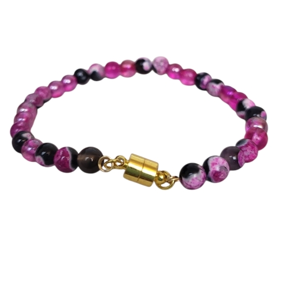 Pink Black Magenta Lace Agate Glass Beaded Magnetic Bracelet - Picture 3 of 4